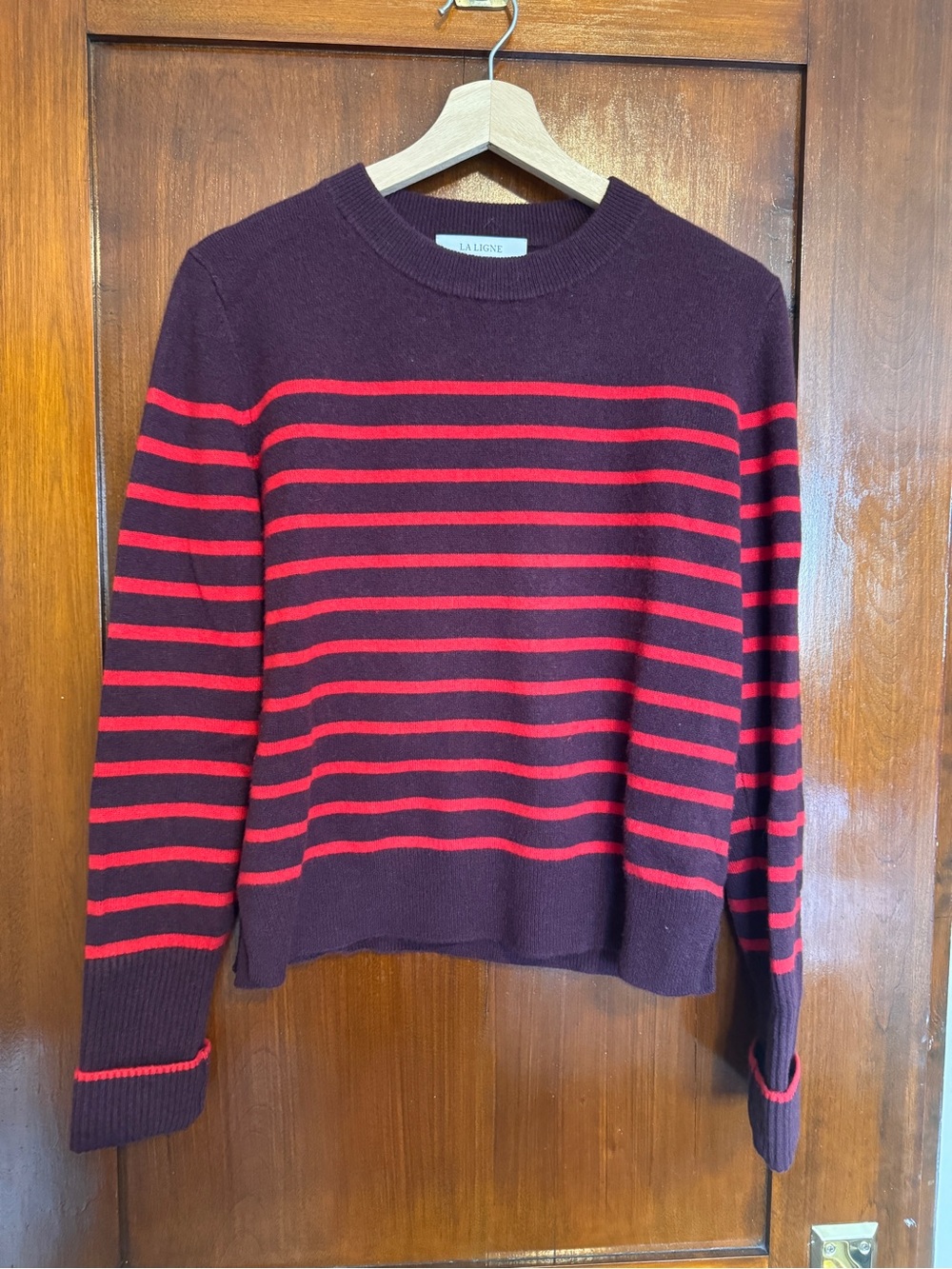 La Ligne Burgundy and Red Striped Crew Neck Sweater
